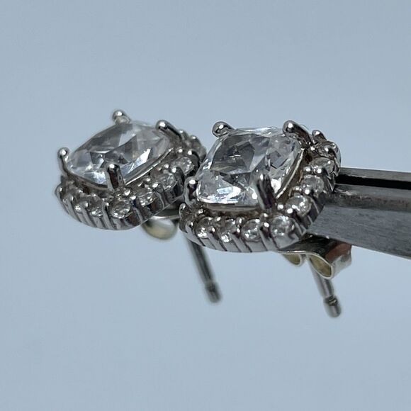 Elegant 925 Sterling Silver Cushion Cut Halo White Sapphire Dainty Stud Earrings - Picture 3 of 8
